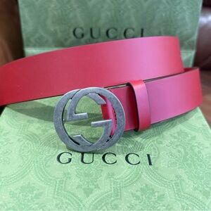 Gucci Red Leather Belt with Silver Logo Buckle